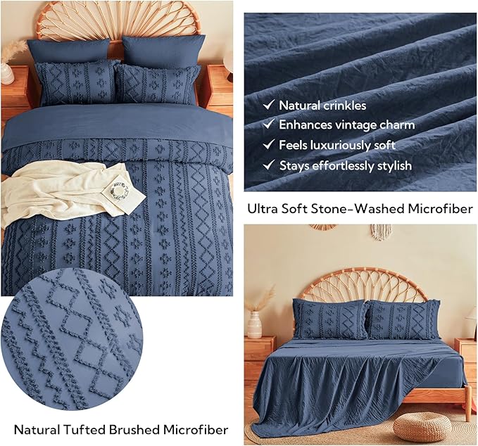 MR&HM Full Size Bed Sheets and Comforter Set Navy Blue, 7 Pieces Tufted Boho Beddding Sets, Farmhouse Style Bed in a Bag with 1 Comforter, 2 Pillow Shams, 2 Pillowcases, 1 Flat Sheet, 1 Fitted Sheet