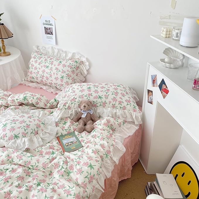 HighBuy White Ruffle Comforter Set Twin XL with Blush Flower Romantic Lace Comforter with 2 Ruffle Lace Pillowcases Coquette Cottagecore Bedding Set 3 Piece Shabby Chic Floral Comforter Sets