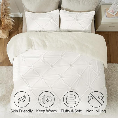 BEDELITE Pituck Fluffy Queen Comforter Set - Super Soft Sherpa White Comforter for Queen Size Bed, Luxury Warm Bedding Set for Winter, Fuzzy Bed Set 3 Pieces (1 Comforter, 2 Pillowcases)