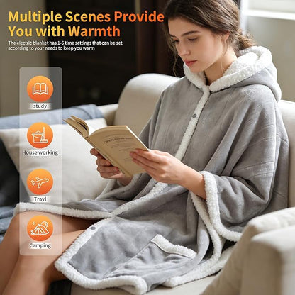 Myiosus Heated Blanket Wearable Shawl, Electric Wrap Poncho Blanket Hoodie with Pockets, Velvet & Sherpa Heating Throw with 6 Heating Levels & 4 Time Settings,Birthday Gifts for Mom, 50 x 64 Inch,Grey