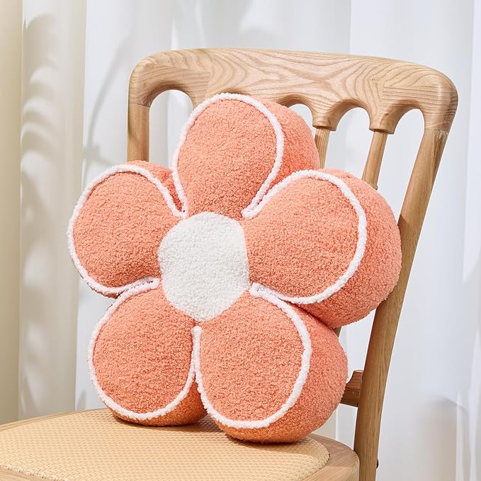 Sioloc Flower Shaped Pillow Daisy Pillows Floor Cushion Pastel Cute Seat Cushions Aesthetic Classroom Dorm Decorative Fun Throw Pillow for Bed,Couch(Orange,19.7")