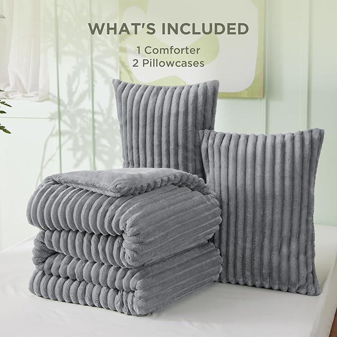 Bedsure Comforter Full Size - GentleSoft™ 3 Pieces Fluffy Double-Side Fleece Comforter Set, Cozy Striped Room Decor Aesthetic, Luxury Grey Full Size Bedding with 2 Pillowcases, 82x86 Inches