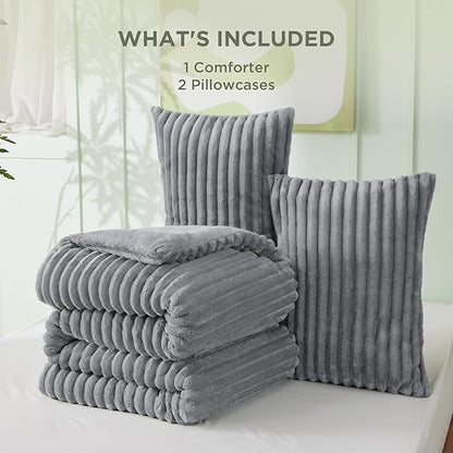 Bedsure Queen Comforter Set - GentleSoft™ 3 Pieces Fluffy Double-Side Fleece Comforter Set, Cozy Striped Room Decor Aesthetic, Luxury Grey Bedding Queen Size with 2 Pillowcases, 90x90 Inches