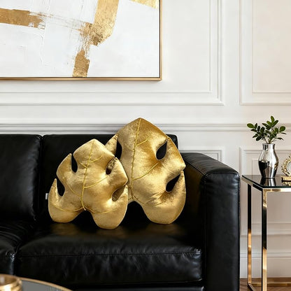 AELS Set of 2 3D Leaves Decorative Throw Pillows, 18"& 14" Monstera Deliciosa Plush Pillow Set for Plant Lovers Garden Lovers, Living Room Bedroom Nursery Decor, Golden