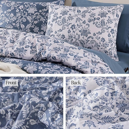 Twin XL Comforter Set -5 Pieces Floral Oxford Blue Bedding Set for All Seasons, Bed in a Bag with Botanical Flowers Comforter, Sheets, Pillowcase & Sham