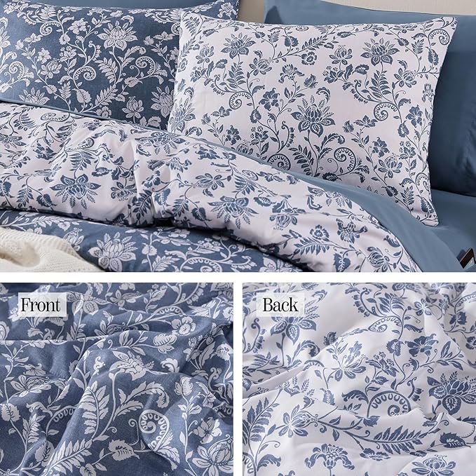 Full Comforter Set -7 Pieces Floral Oxford Blue Comforter Set for All Seasons, Bed in a Bag Full with Botanical Flowers Comforter, Sheets, Pillowcases & Shams