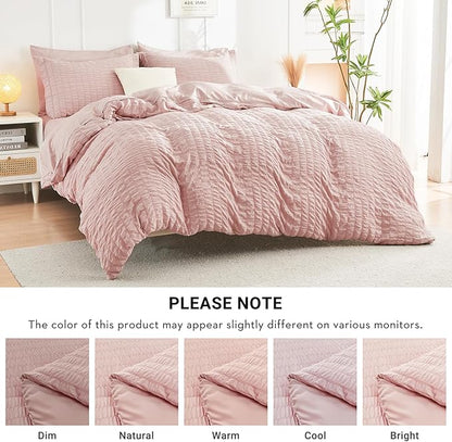 HYMOKEGE Rose Gold Queen Comforter Set Seersucker 7 Pieces, All Season Luxury Bed in a Bag for Bedroom, Bedding Set with Comforters, Sheets, Pillowcases & Shams