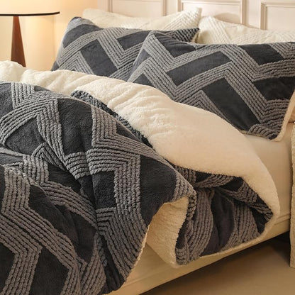 Tufted Boho Comforter Set King - Grey Fluffy Sherpa Bedding Set, Soft Fuzzy Jacquard Quilt Set, 3 Pieces Cozy Bed Set Warm Comforter for Winter(104"X90")