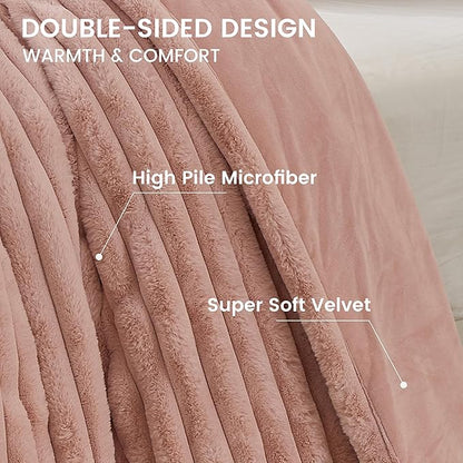 Simple&Opulence Fluffy Faux Fur Comforter Set, Plush Fuzzy Minky Bedding Set, 3 Pieces Warm Soft Comforter Bedding Set for Winter - 1 Shaggy Comforter with 2 Pillow Shams(Queen, Striped - Pink)