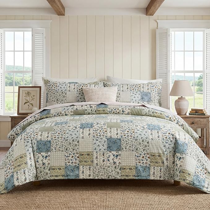 Vintage Floral Comforter Set King 100% Cotton Blue Patchwork Bedding Comforter Sets All Season 3 Pieces Shabby Chic Breathable Soft Comforter(Blue Patchwork, King)