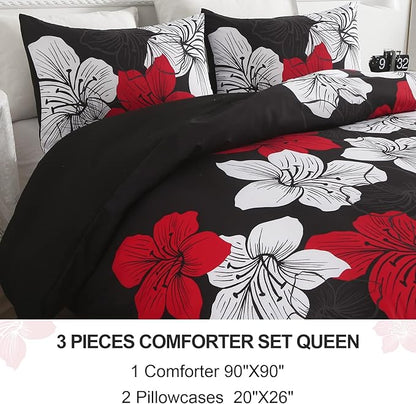 Menghomeus Black Comforter Set Queen Red and White Floral Comforter with 2 Pillowcases Modern Bedding Sets Lightweight Bed Set for All Season