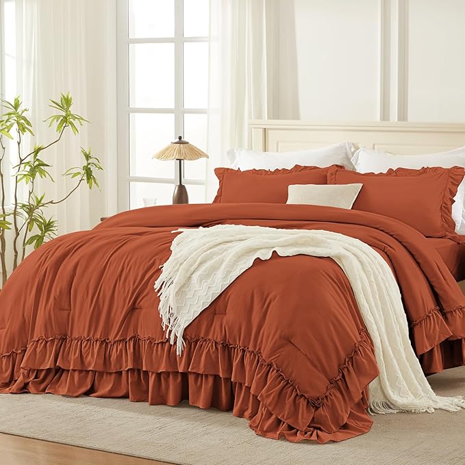 Andency Terracotta Full Size Comforter Set (79x90Inch), 3 Pieces Fluffy Farmhouse Shabby Chic Ruffle Bedding Sets, All Season Soft Lightweight Bed Set, Burnt Orange