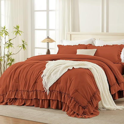 Andency Terracotta Full Size Comforter Set (79x90Inch), 3 Pieces Fluffy Farmhouse Shabby Chic Ruffle Bedding Sets, All Season Soft Lightweight Bed Set, Burnt Orange