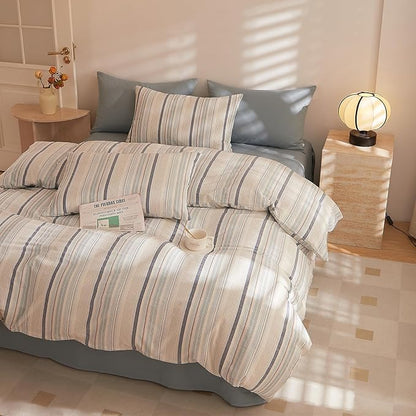 HighBuy Bohemian Gingham Comforter Set Full Size Aztec Geometric Bedding Set Soft Breathable Blue Grey Stripe Fluffy Comforter Sets Boho Comforter with 2 Pillowcases(20"x26")