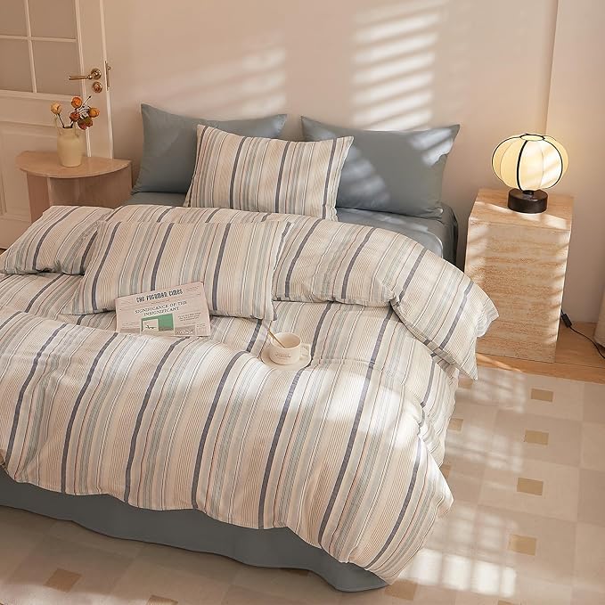 HighBuy Aztec Striped Comforter Set Queen Size Farmhouse Chic Gingham Bedding Comforter Set Geometric Blue Stripes Lightweight Fluffy Bedding Comforter Sets for Queen Bed