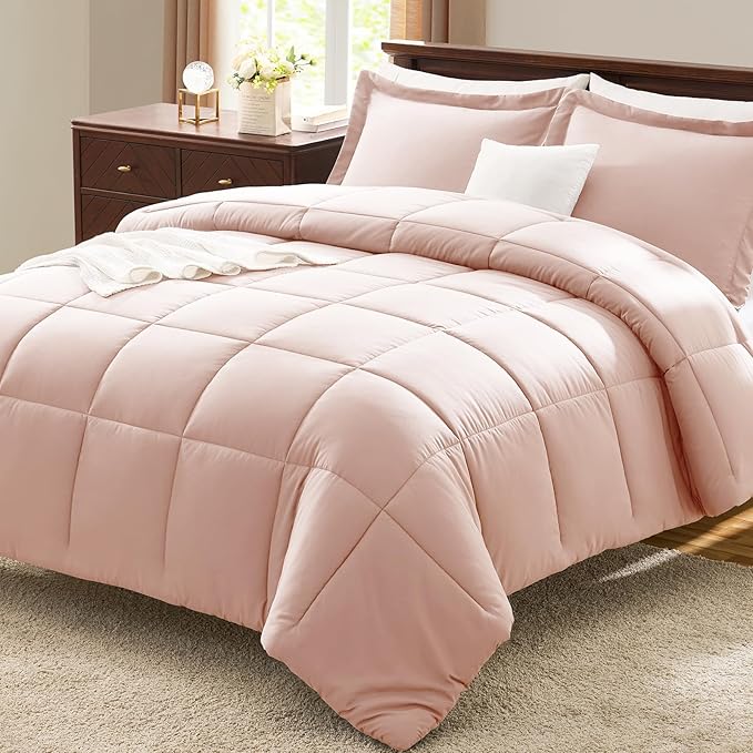 CozyLux Full Size Comforter Sets - Blush Pink Comforter Full Size, 3 Pieces Box Stitched Bed Set for All Seasons, Soft Lightweight Bedding Sets with 1 Down Alternative Comforter and 2 Pillow Shams