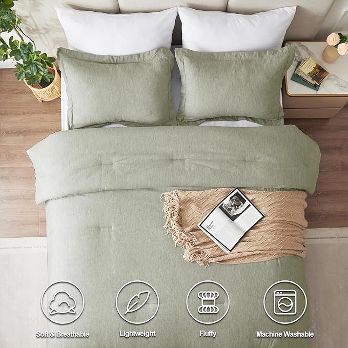 CozyLux King Size Comforter Set - 3 Pieces Olive Green Soft Luxury Cationic Dyeing Bedding Comforter for All Season, Breathable Lightweight Fluffy Boho Bed Sets with 1 Comforter and 2 Pillow Shams