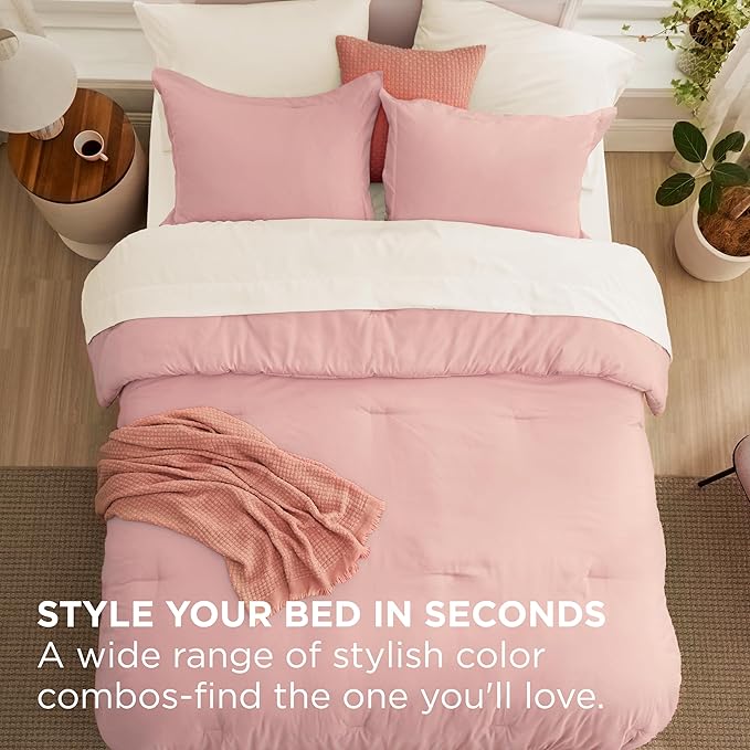 Bedsure Full Size Comforter Set - 7 Pieces Pink Full Bedding Set for All Seasons, Boho Contrasting Design Bed in a Bag with Comforter, Sheets, Pillowcases & Shams