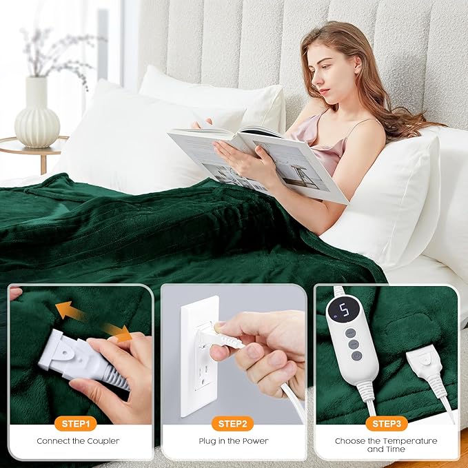 HYLEORY Heated Electric Blanket Throw, 2-Layer Cozy Warm Flannel 62" x 84", Heating Blanket with 9 Heating Levels, 2/4/6/10 Hours Auto Off, Fast Heating Winter Blanket, Green