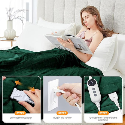 HYLEORY Heated Electric Blanket Throw, 2-Layer Cozy Warm Flannel 62" x 84", Heating Blanket with 9 Heating Levels, 2/4/6/10 Hours Auto Off, Fast Heating Winter Blanket, Green