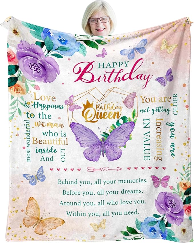 Birthday Gifts for Women, Happy Birthday Presents for Women Friendship Throw Blanket 50"X60", Best Birthday Queen Gifts Ideas for Mom Female Friend Wife Sister, Butterfly Bday Decorations for Woman