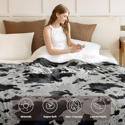 Cow Print Electric Heated Blanket Queen-Dual Control Heating Blanket Queen Size with 10 Heat Levels & 10 Hours Auto-Off, Cozy Soft Fleece Sherpa, Washable, 84x90 Inche Cow Print Grey