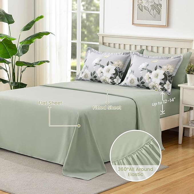 Floral Comforter Set Queen Size,7 Piece Sage Green Bed in a Bag, Elegant Flower Pattern Comforter Set with Sheet, Soft Microfiber Complete Bedding Sets for All Season