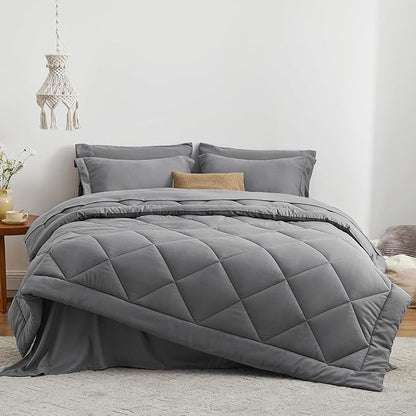 Love's cabin California King Comforter Set Grey, 7 Pieces California King Bed in a Bag, All Season Bedding Sets with 1 Comforter, 1 Flat Sheet, 1 Fitted Sheet, 2 Pillowcase and 2 Pillow Sham
