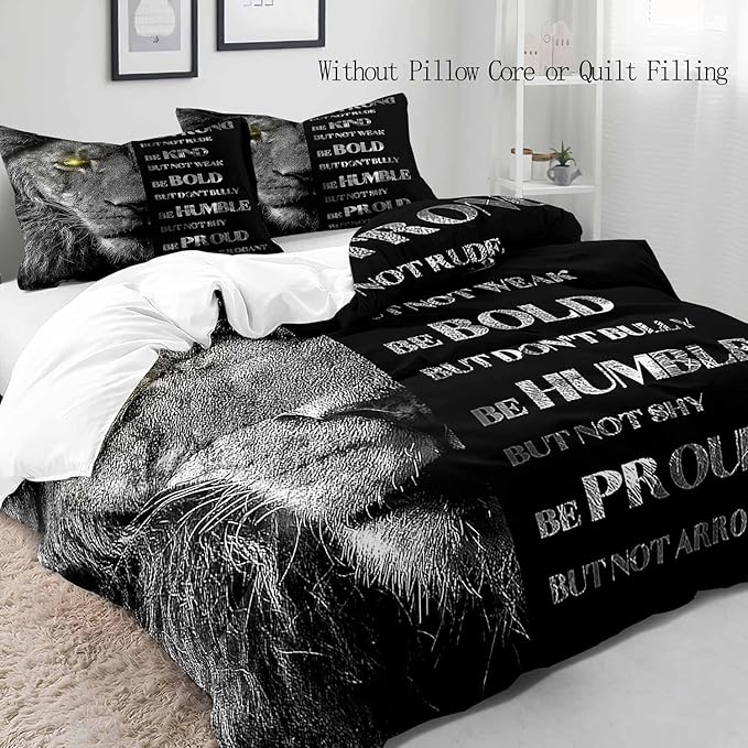 VIVIHOME 3PCS Inspirational Lion Bedding Set, Duvet Cover Queen, African Safari Wild Animal Black Bedding, Quilt Comforter Cover, College Apartment Decor, Modern Bedroom Decor for Men, 2 Pillowcases