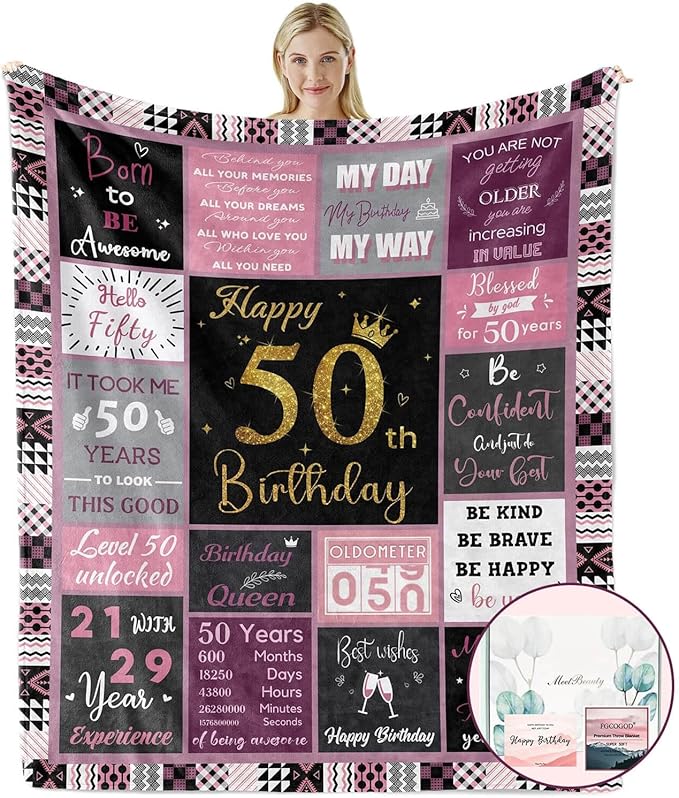 50 Birthday Gifts for Women, 50th Birthday Blanket with Gift Box for Women, Gifts for A 50th Birthday, Happy 50th Birthday Decorations Gift Ideas for Her, 50th Birthday Gifts Throw Blanket 60"x50"