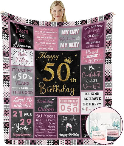 50 Birthday Gifts for Women, 50th Birthday Blanket with Gift Box for Women, Gifts for A 50th Birthday, Happy 50th Birthday Decorations Gift Ideas for Her, 50th Birthday Gifts Throw Blanket 60"x50"