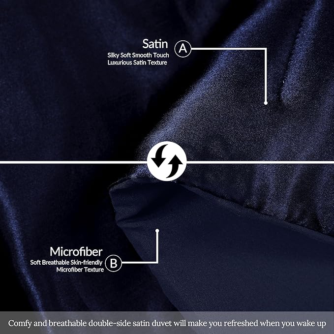 Whale Flotilla 3-Piece Reversible Silky Soft Queen Comforter Bedding Set, Luxurious Satin Comforters Full Size with 2 Satin Pillowcases, Lightweight Duvet for All Seasons, Navy