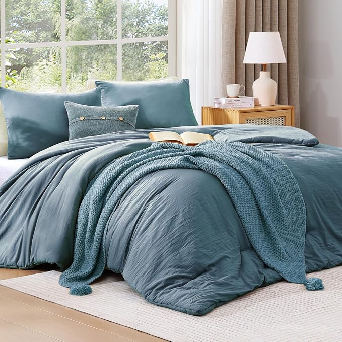 WRENSONGE King Size Comforter Set - 3 Pieces Oxford Blue Comforter Prewashed Soft Lightweight for All Seasons,Fluffy Down Alternative Comforter King Size with 2 Pillow Shams