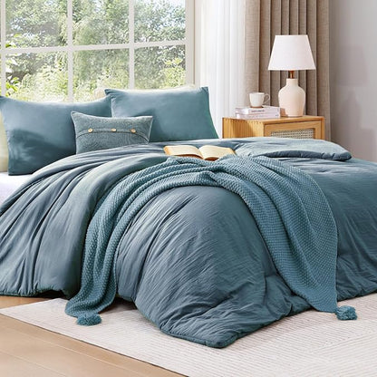 WRENSONGE Queen Comforter Set - 3 Pieces Prewashed Oxford Blue Comforter Soft Lightweight for All Seasons,Down Alternative Comforters Queen Size with 2 Pillow Shams