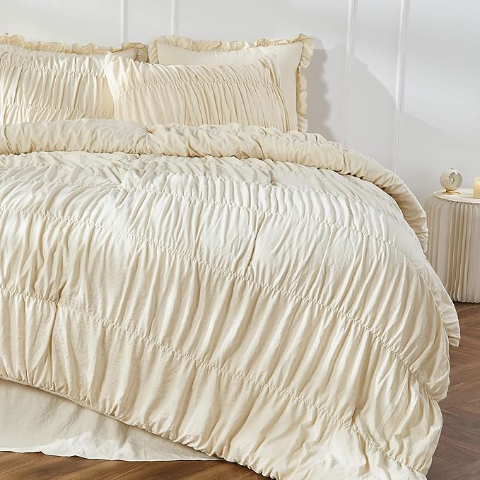 Bonlino Queen Comforter Set - Ruched Comforter Queen Size Bed Set Boho Shabby Chic Bedding for Bedroom Comforter Fluffy 3 Piece Ruffle Comforter Set with Pillow White Bedding Soft
