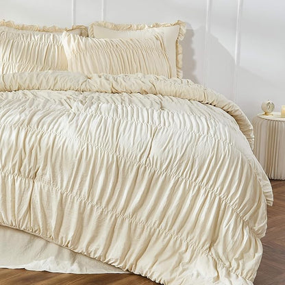 Bonlino Queen Comforter Set - Ruched Comforter Queen Size Bed Set Boho Shabby Chic Bedding for Bedroom Comforter Fluffy 3 Piece Ruffle Comforter Set with Pillow White Bedding Soft