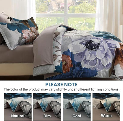 WONGS BEDDING Floral Comforter Set King Size, 7 Pieces Bed in a Bag Bedding Set, Grey and Blue Flower Comforter Soft Microfiber for All Season with Pillowcases & Shams,Sheets(90"×90")