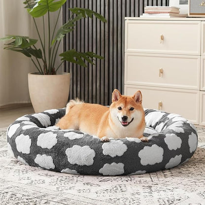 JOEJOY Donut Large Dog Bed, Cute Round Calming Dog Bed with Removable Washable Cover, Orthopedic Pet Beds with Jacquard Shaggy Plush & Non Skid Bottom, Black