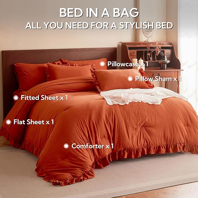 MR&HM Terracotta Comforter Set Twin for Girls Women 5 Pieces, Shabby Chic Vintage Cottagecore Bed Sets Solid Elegance Boho Bed in a Bag, Ultra-Soft & Fluffy Comforter for All Season
