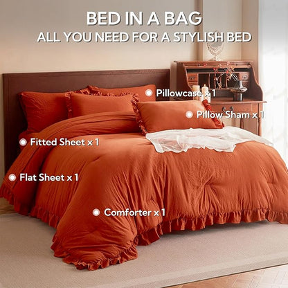 MR&HM Terracotta Comforter Set Twin for Girls Women 5 Pieces, Shabby Chic Vintage Cottagecore Bed Sets Solid Elegance Boho Bed in a Bag, Ultra-Soft & Fluffy Comforter for All Season