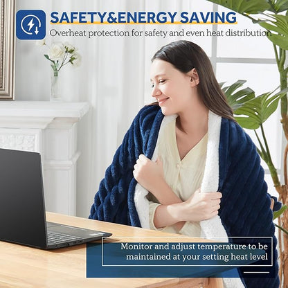 SEALY Heated Blanket Electric Throw, 50"x60" Heating Blanket Throw, 6 Heat Levels & 2-10 Hours Auto-Off Over-Heat Protection, Ribbed Flannel to Sherpa, Machine Washable, Navy Blue