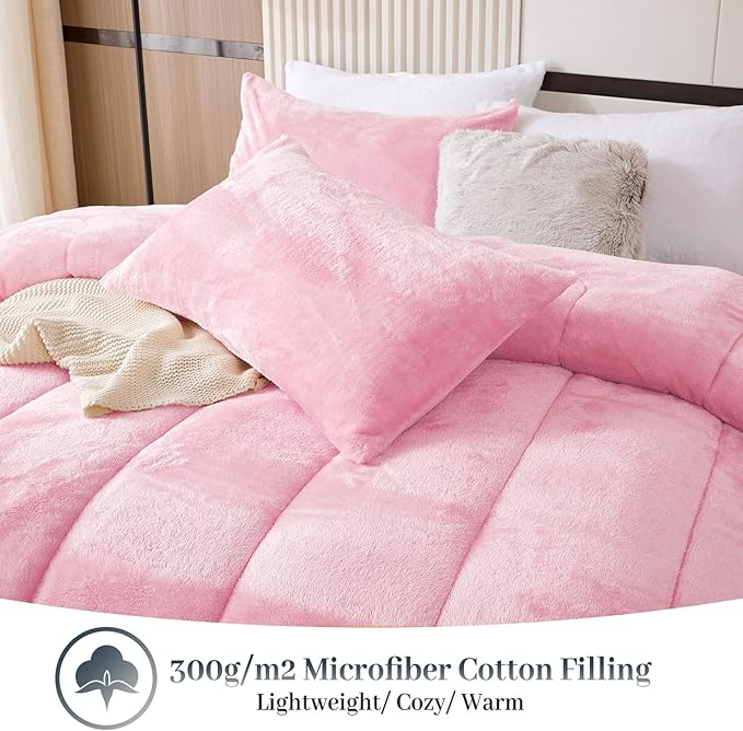 YIYEA Fluffy Queen Size Comforter Set, Luxury Faux Fur Comforter, Ultra Soft Plush Fuzzy Velvet Bedding Comforter Sets for Fall Winter, Cozy Warmth, No Shedding, 3PC, Queen, Pink