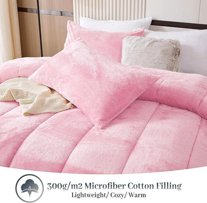 YIYEA Fluffy King Size Comforter Set, Luxury Faux Fur Comforter, Ultra Soft Plush Fuzzy Velvet Bedding Comforter Sets for Fall Winter, Cozy Warmth, No Shedding, 3PC, King, Pink