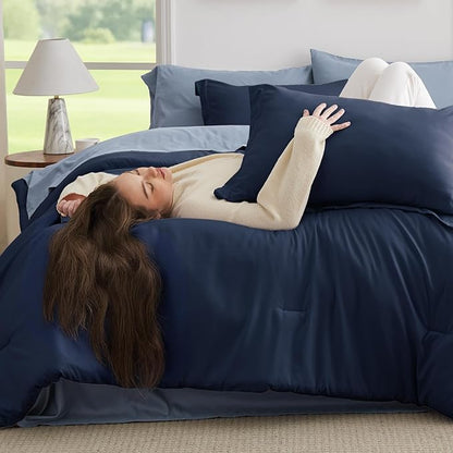 Bedsure Twin Comforter Set - 5 Pieces Navy Twin Bedding Set for All Seasons, Boho Contrasting Design Bed in a Bag with Comforter, Sheets, Pillowcase & Sham