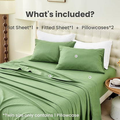 Simple&Opulence Belgian Linen Sheet Set Solid Color - 3 Pieces (1 Flat Sheet & 1 Fitted Sheet & 1 Pillowcase) Natural Flax Cotton Blend Soft Bedding Breathable Farmhouse - Khaki Green, Twin Size