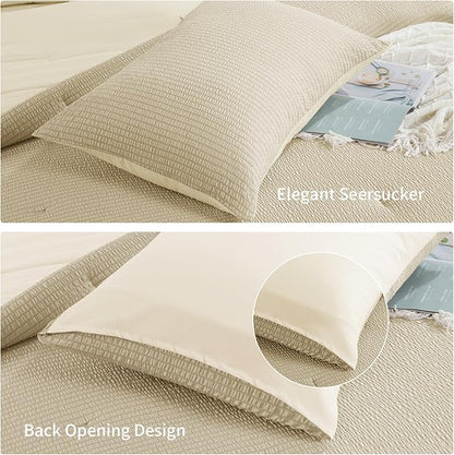 HOMBYS 3 Piece Seersucker Oversized King Comforter Set 128x128, Breathable Beige Soft Comforter Set, Lightweight Down Alternative Comforter, Bedding Comforter Sets with 2 Pillow Shams for All Season