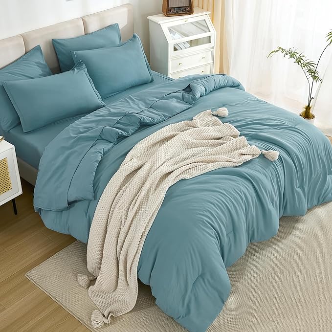 Litanika Full Size Comforter Sets Grayish Teal - 7 Pieces Bed in a Bag Full Bedding Comforter Sets, Solid Lightweight Bed Set with Comforter, Sheets, Pillowcases & Shams