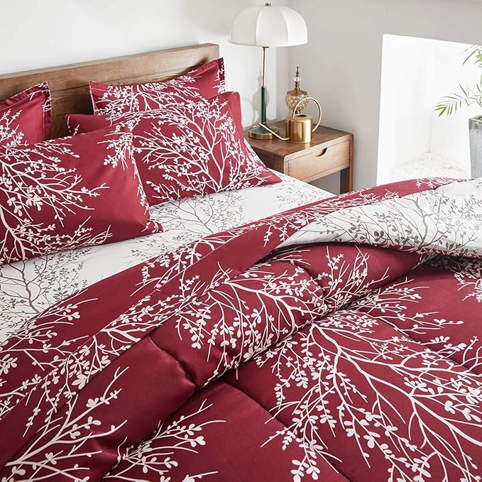 Christmas Bed in a Bag Burgundy Red Comforter Sheet Set 7 Pieces King Size Tree Branch Soft X-max Holiday Bedding Set (1 Comforter 2 Pillow Shams 1 Flat Sheet 1 Fitted Sheet 2 Pillowcases)