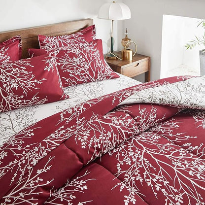 Christmas Bed in a Bag Burgundy Red Comforter Sheet Set 7 Pieces King Size Tree Branch Soft X-max Holiday Bedding Set (1 Comforter 2 Pillow Shams 1 Flat Sheet 1 Fitted Sheet 2 Pillowcases)