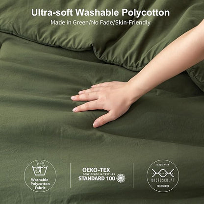 7 Pieces Solid Color Ultra-Soft Elegant Natural Full Size Bed Sheets and Comforter Set with Flat Sheet Fitted Sheet 2 Pillow Cases 2 PillowShams Lightweight All Season Use, Olive Green Full